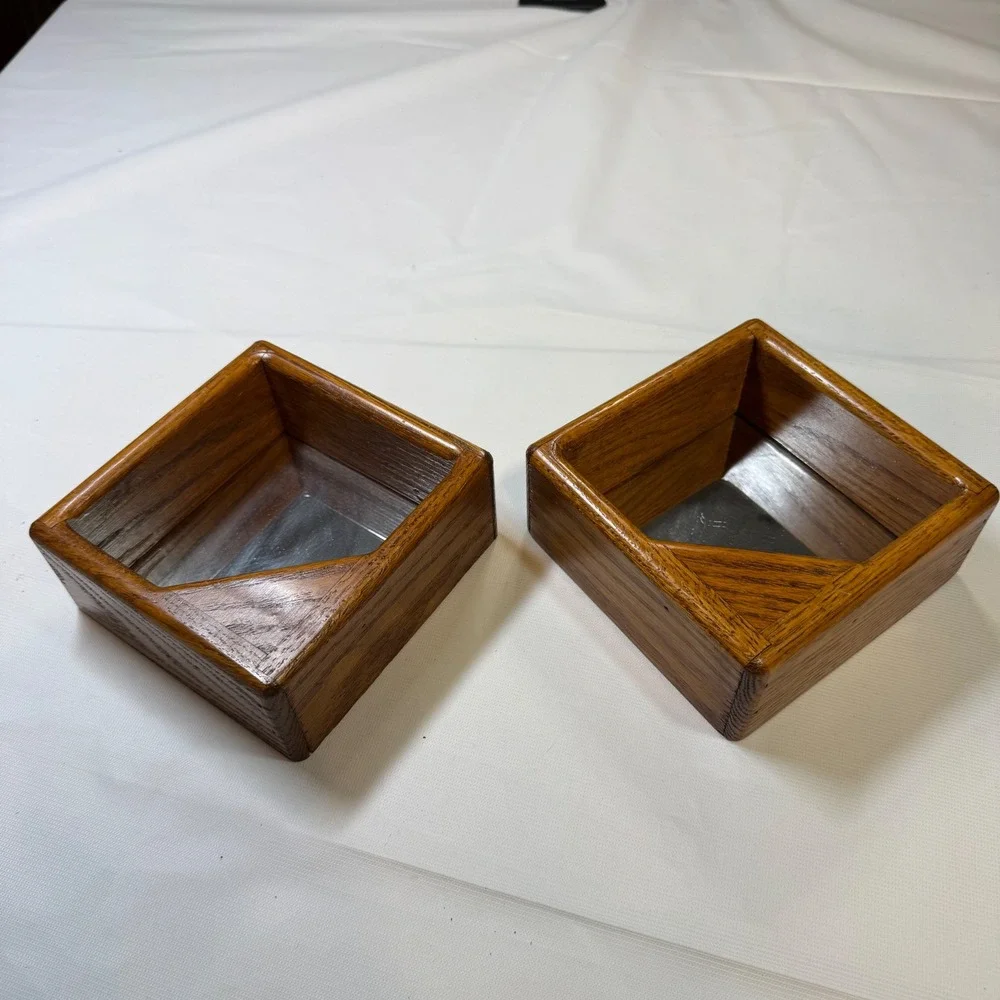 Vintage MCM Oak Wood Mirror Shadow Box Wall Shelves Set of 2 Geometric Squares